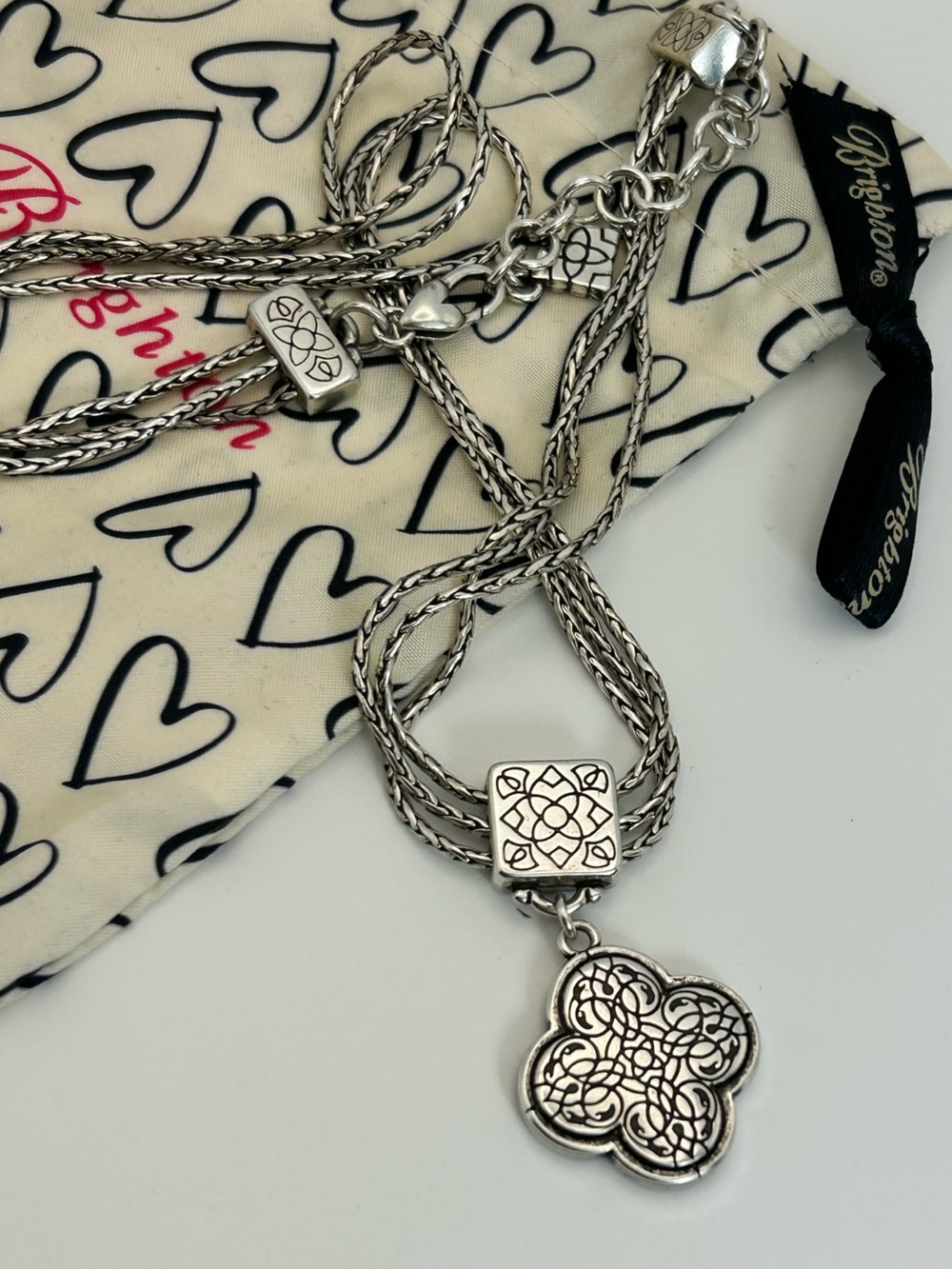 Brighton Alhambra Triple Strand Necklace 18" Silver Plated Reversible & Pouch - Picture 7 of 11